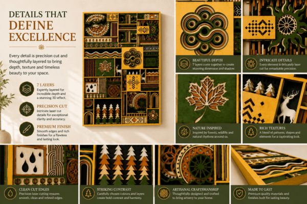 Embercut Studio 7-Layer 3D Nature Mosaic Wooden Wall Art – Forest & Folk Geometric Relief (500 x 355 mm)