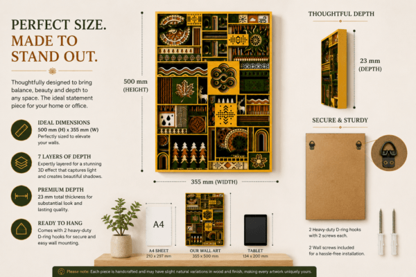 Embercut Studio 7-Layer 3D Nature Mosaic Wooden Wall Art – Forest & Folk Geometric Relief (500 x 355 mm)