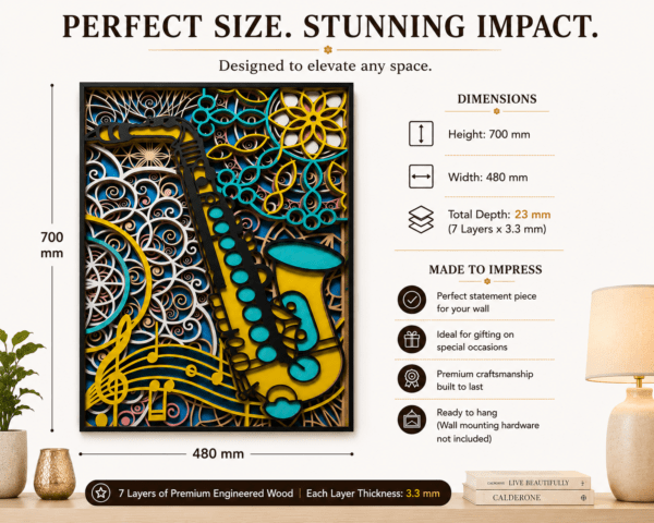 Embercut Studio 7-Layer 3D Saxophone Mandala Wooden Wall Art – Music Lover Statement Piece (700 x 480 mm)