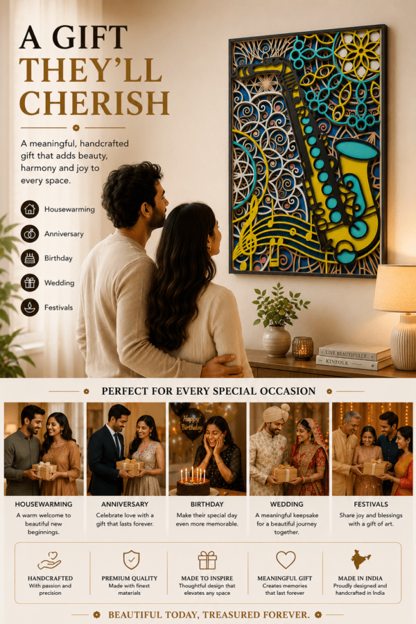 Embercut Studio 7-Layer 3D Saxophone Mandala Wooden Wall Art – Music Lover Statement Piece (700 x 480 mm)