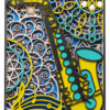 Saxophone mandala 7-layer 3D wooden wall art in yellow, teal and blue with musical notes