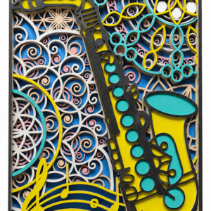 Saxophone mandala 7-layer 3D wooden wall art in yellow, teal and blue with musical notes