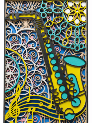 Saxophone mandala 7-layer 3D wooden wall art in yellow, teal and blue with musical notes