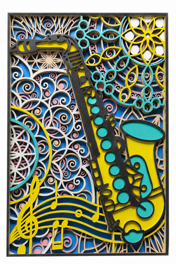 Saxophone mandala 7-layer 3D wooden wall art in yellow, teal and blue with musical notes