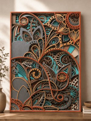 Embercut Studio 10-Layer 3D Paisley Mandala Wooden Wall Art – Bohemian Floral Relief (500 x 363 mm)