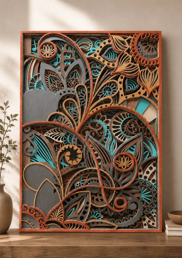 Embercut Studio 10-Layer 3D Paisley Mandala Wooden Wall Art – Bohemian Floral Relief (500 x 363 mm)
