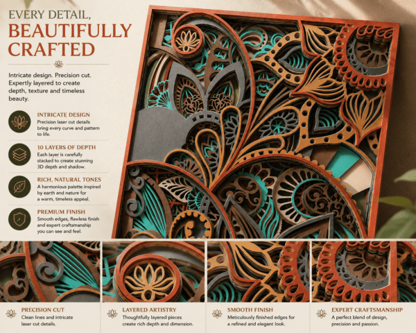 Embercut Studio 10-Layer 3D Paisley Mandala Wooden Wall Art – Bohemian Floral Relief (500 x 363 mm)