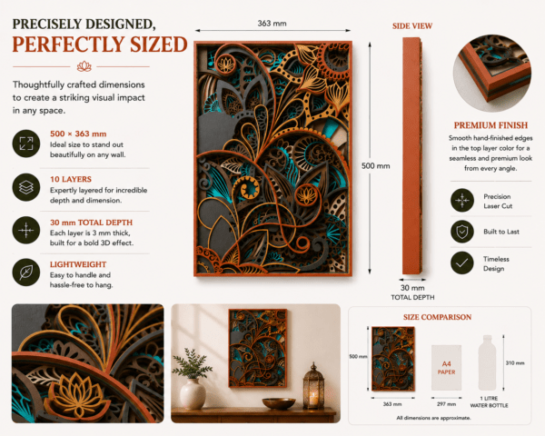 Embercut Studio 10-Layer 3D Paisley Mandala Wooden Wall Art – Bohemian Floral Relief (500 x 363 mm)