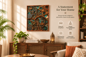 Multilayer wooden mandala wall art displayed in a modern living room