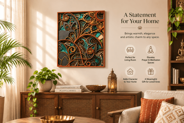 Handcrafted multilayer wooden mandala wall art displayed in a modern living room