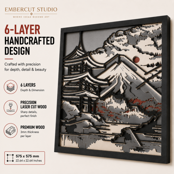 Embercut Studio 6-Layer 3D Mount Fuji & Pagoda Wooden Wall Art – Japanese Landscape Relief (575 x 575 mm)