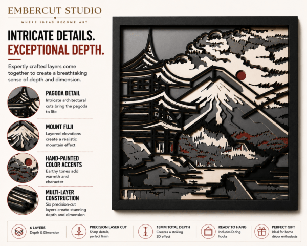 Embercut Studio 6-Layer 3D Mount Fuji & Pagoda Wooden Wall Art – Japanese Landscape Relief (575 x 575 mm)