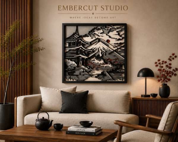 Embercut Studio 6-Layer 3D Mount Fuji & Pagoda Wooden Wall Art – Japanese Landscape Relief (575 x 575 mm)