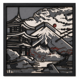 Embercut Studio 6-Layer 3D Mount Fuji & Pagoda Wooden Wall Art – Japanese Landscape Relief (575 x 575 mm)
