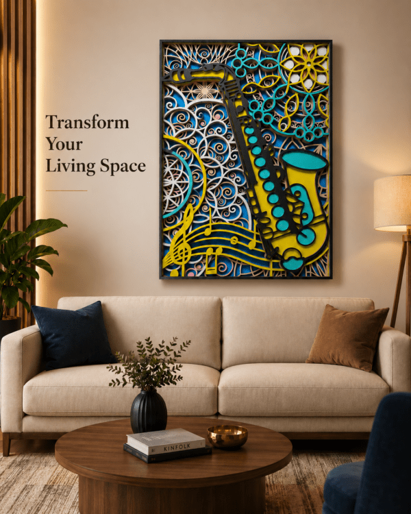Embercut Studio 7-Layer 3D Saxophone Mandala Wooden Wall Art – Music Lover Statement Piece (700 x 480 mm)