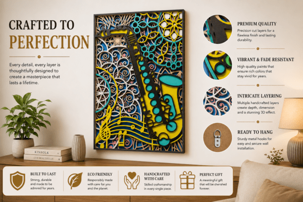 Embercut Studio 7-Layer 3D Saxophone Mandala Wooden Wall Art – Music Lover Statement Piece (700 x 480 mm)