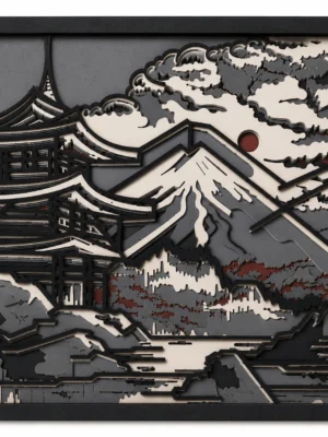 6-layer Mount Fuji and pagoda Japanese wooden wall art in black, grey and white