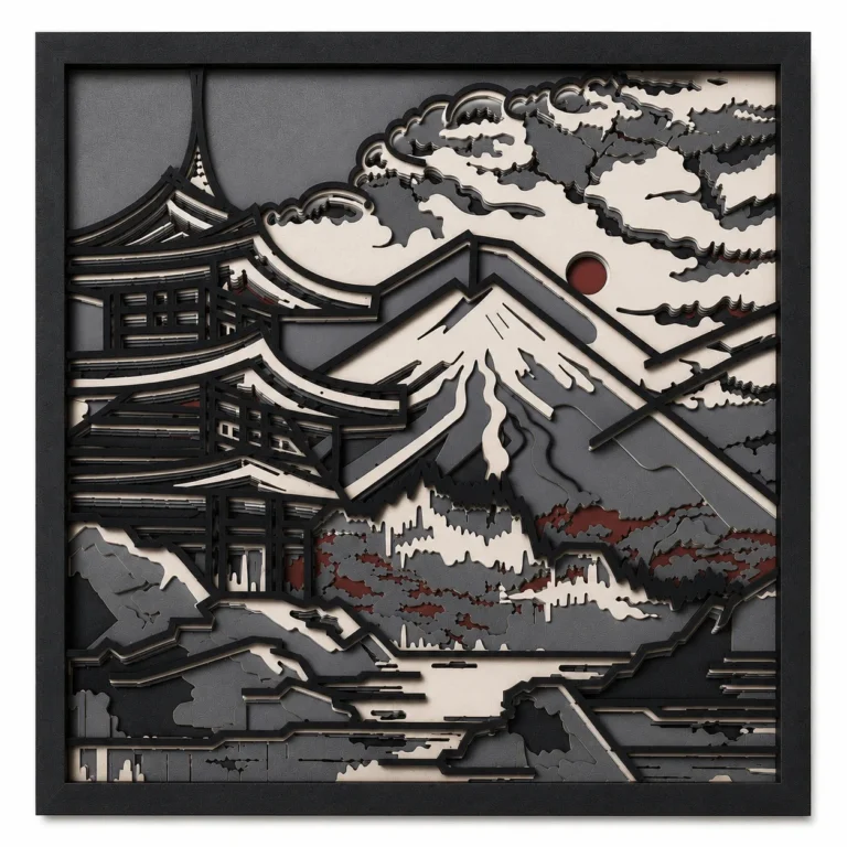 6-layer Mount Fuji and pagoda Japanese wooden wall art in black, grey and white
