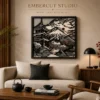 Japanese Mount Fuji and pagoda wooden wall art in a minimalist living room