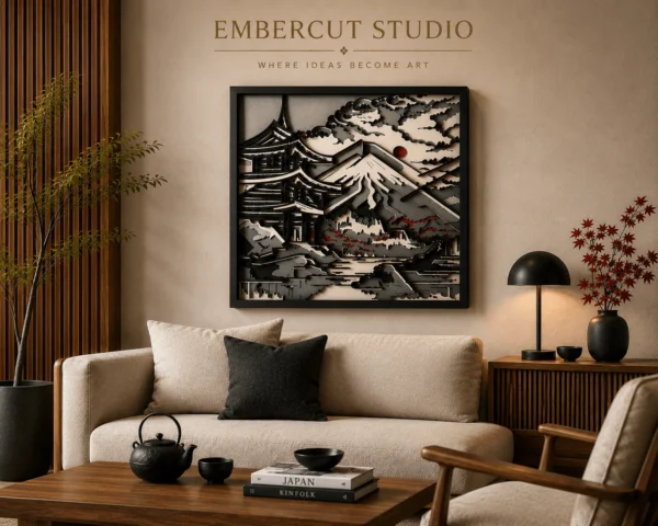 Japanese Mount Fuji and pagoda wooden wall art in a minimalist living room