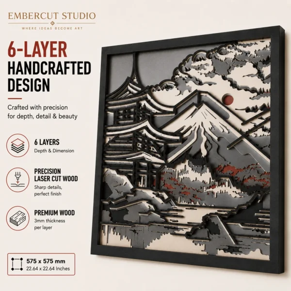 Mount Fuji wall art features – 6 laser-cut layers, 575 x 575 mm