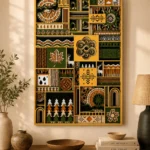 7-layer nature mosaic wooden wall art with forest and folk geometric panels on a wall