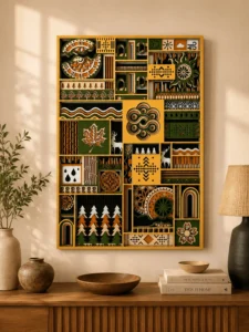 7-layer nature mosaic wooden wall art with forest and folk geometric panels on a wall