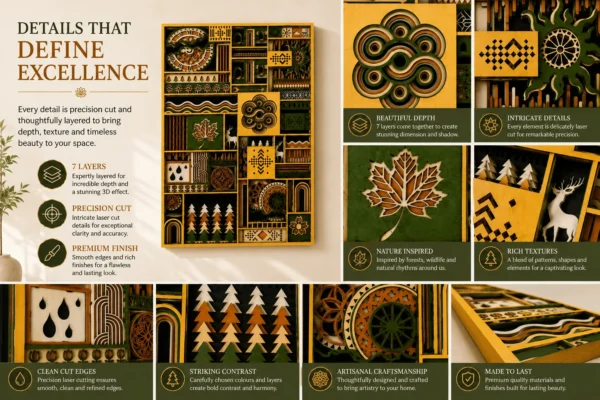Close-up of nature mosaic wall art panels with trees, leaves and folk patterns Close-up of nature mosaic wall art panels with trees, leaves and folk patterns