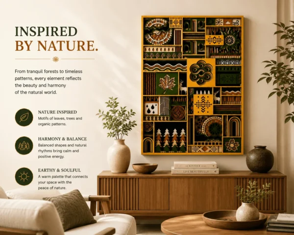 Nature mosaic 3D wooden wall art above a sofa in a warm living room Nature mosaic 3D wooden wall art above a sofa in a warm living room