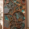 Close-up of 10-layer paisley multi layer mandala wooden wall art with teal and terracotta floral layers