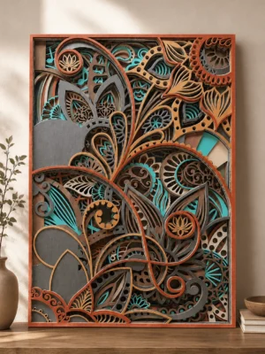 Close-up of 10-layer paisley multi layer mandala wooden wall art with teal and terracotta floral layers
