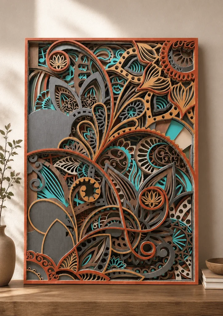 Close-up of 10-layer paisley multi layer mandala wooden wall art with teal and terracotta floral layers