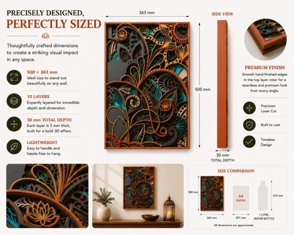 Paisley mandala wooden wall art size guide – 500 x 363 mm, 30 mm deep Paisley mandala wooden wall art size guide – 500 x 363 mm, 30 mm deep