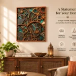 Paisley multi layer mandala wooden wall art hanging in a modern living room