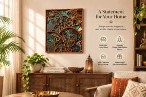 Multilayer wooden mandala wall art displayed in a modern living room