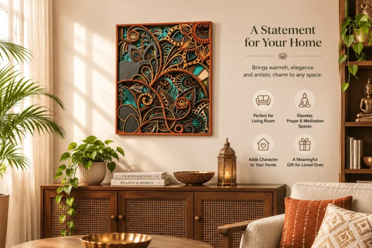 Paisley multi layer mandala wooden wall art hanging in a modern living room