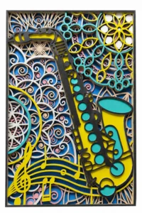 Saxophone multi layer mandala 7-layer 3D wooden wall art in yellow, teal and blue with musical notes