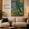 Saxophone multi layer mandala wooden wall art above a sofa in a living room