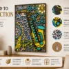 Close-up details of hand-painted layers on saxophone mandala wall art