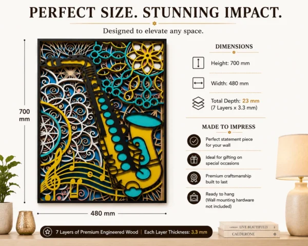 Saxophone mandala wall art dimensions – 700 x 480 mm, 7 layers